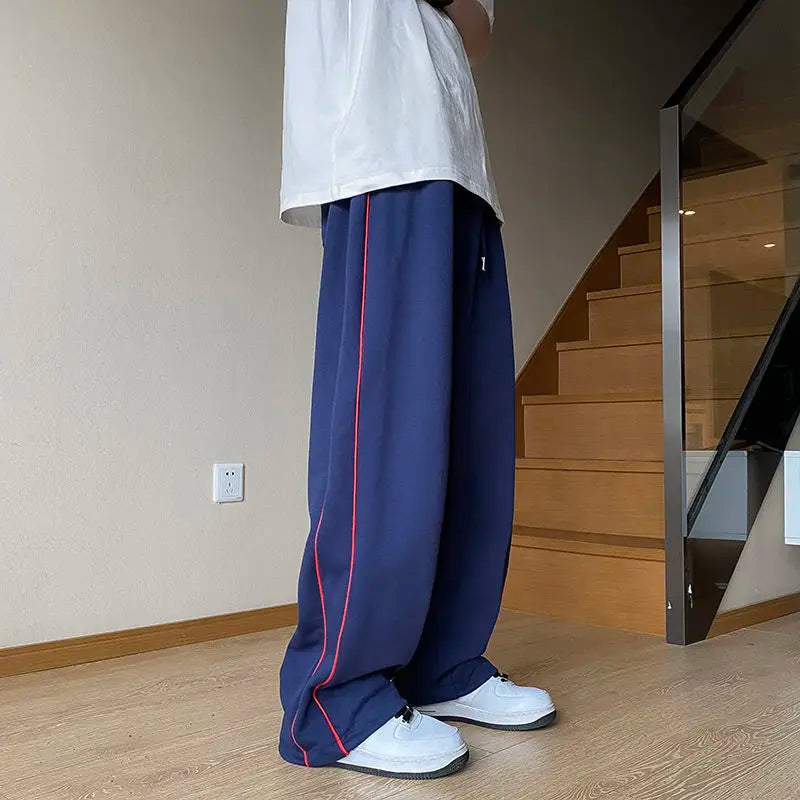 saferido American Hip-hop Loose Sports Pants Men's Autumn Solid Patchwork Elastic Waist Drawstring Pocket Side Striped Straight Trouser