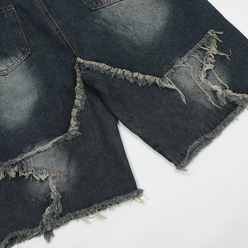 Harajuku Vintage Functional Embroidered Star Pattern Denim Shorts Men's Oversized Sunny Bermuda Casual Shorts College Pants Y2K