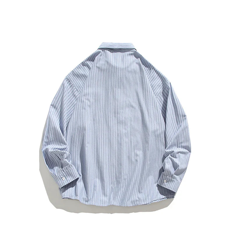saferido Blue Striped Shirt Vintage College Style Tie Chain Design Loose Casual Blouse Couple Long Sleeve Top Harajuku Male Shirts Coat