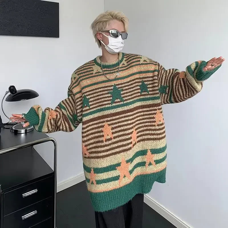 saferido Y2K Star Sweater Men Harajuku Striped Knitted Pullovers Jumpers Male Tops Oversize Purple Winter Streetwear Hip Hop