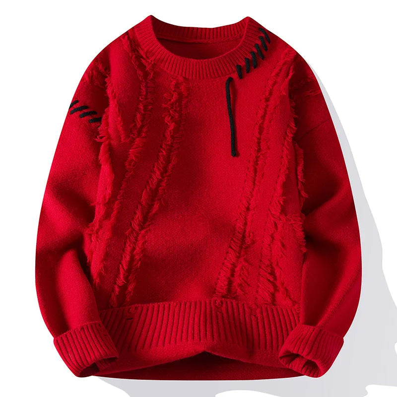 Man Panelled O-neck Jumper Autumn Winter Korean Simple Casual Streetwear Warm Knitted Ribbed Sweater Male Fashion Pullover