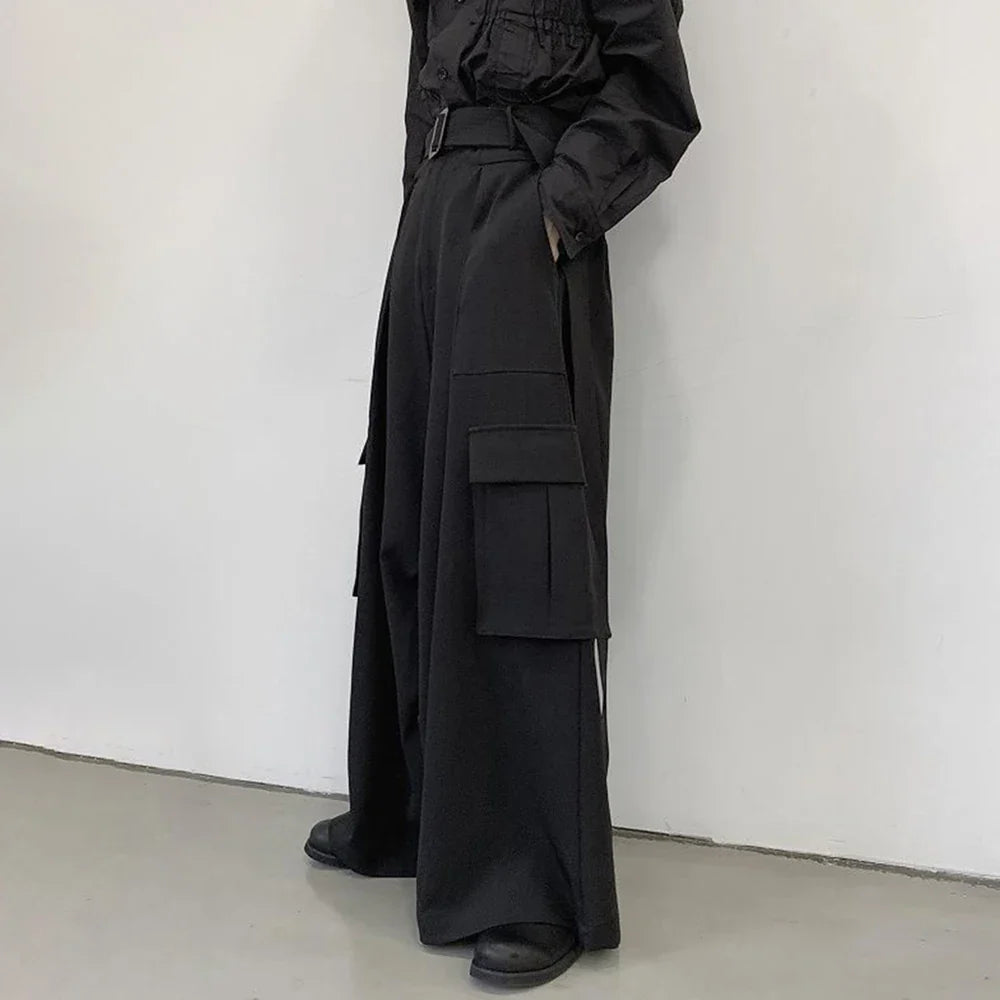 saferido Mens Multi-Pocket Loose Casual Skirts Genderless Japanese Harajuku Street Dark Workwear Style Solid Color Wide Leg Pants Unisex