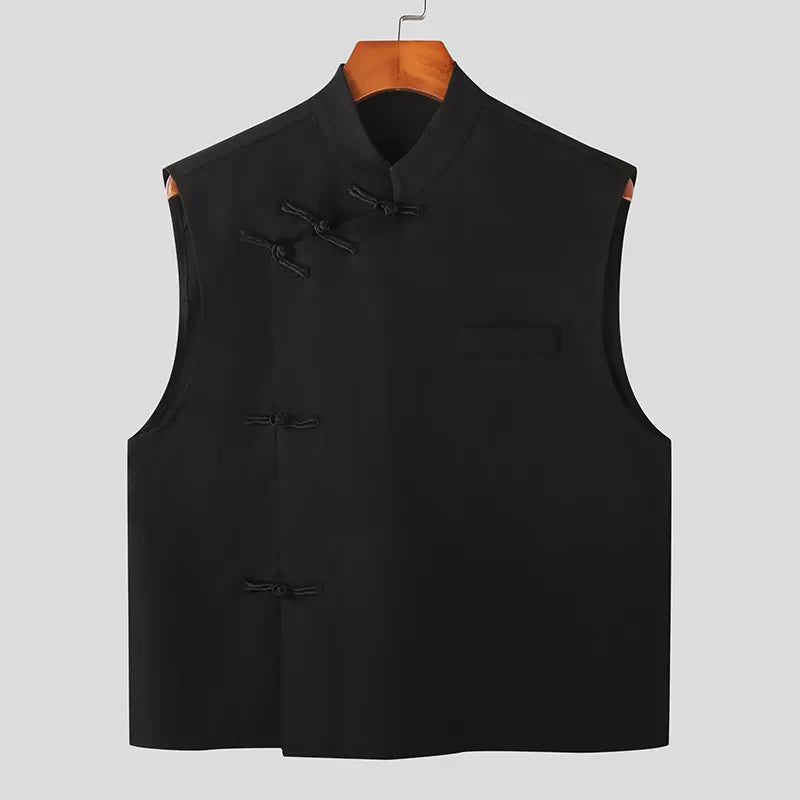 Men Shirt Solid Stand Collar Sleeveless Vintage Chinese Style Knot Button Men Clothing Summer Casual Vests S-5XL