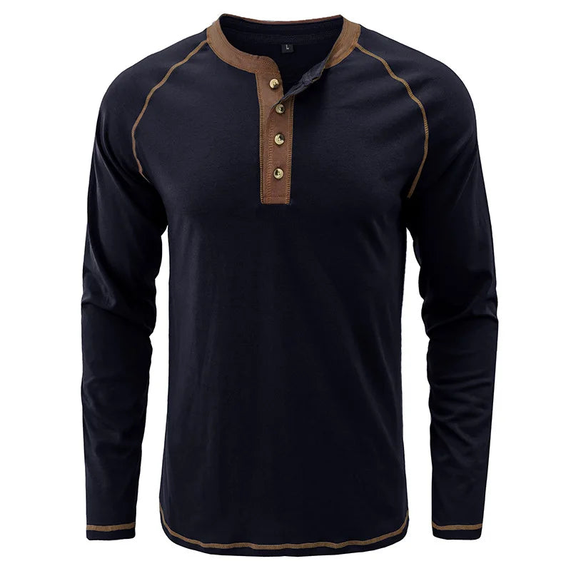 Spring Mens TShirt Solid Color Long Sleeve Cotton Casual Streetwear Outdoor Tops Tees Men Fashion O Neck T Shirt Button Top Man