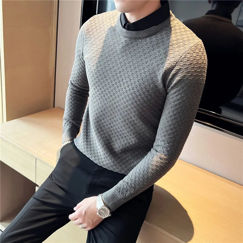 saferido Fake-2Pieces Top Quality Gentlemen Sweater Men Clothing Fashion Slim Fit Casual Knitted Pullovers Pull Homme Korean Style S-4XL