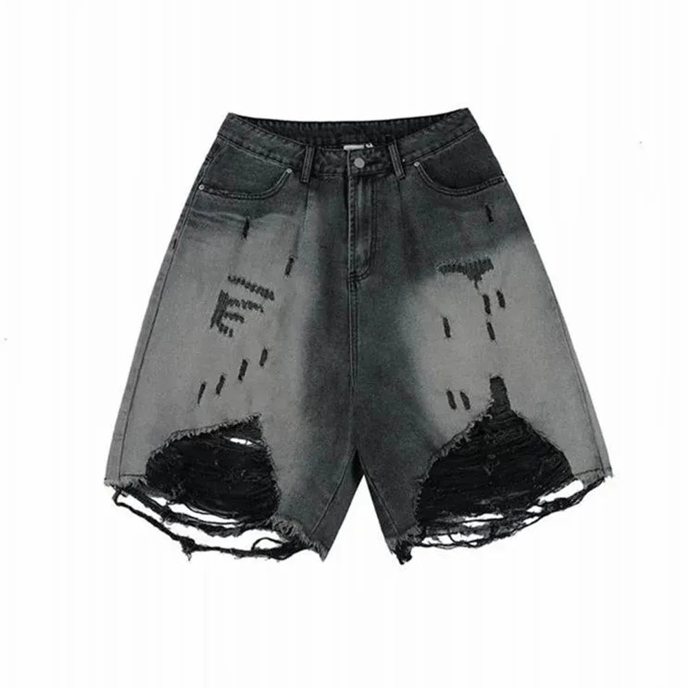 saferido High Street Loose Washed Old Ripped Shorts American Retro Shorts Summer Street Y2K Hip Hop Tassel Wide Leg Casual Denim Shorts
