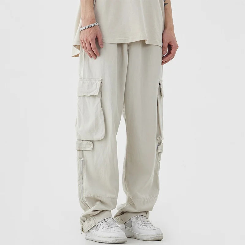saferido Men Vintage Cargo Pants 2024 Spring Fashion Solid Pocket Simple Casual Loose High Street High Waist Male Straight Leg Trousers