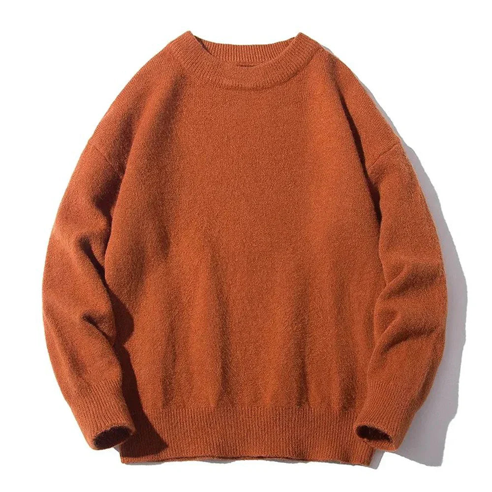 saferido Mens Autumn Japanese Lazy Style Sweater 2024 New Essential Round Neck Loose Casual Simple Solid Color Long-Sleeve Sweater For Men
