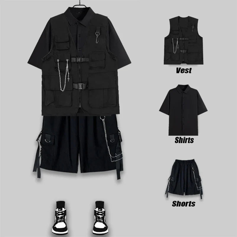 saferido Techwear Men's Shorts Set Tank Top Men Cargo Punk Rave Vest Male Shirt Streetwear Hip Hop Hippie Men Clothing Pockets