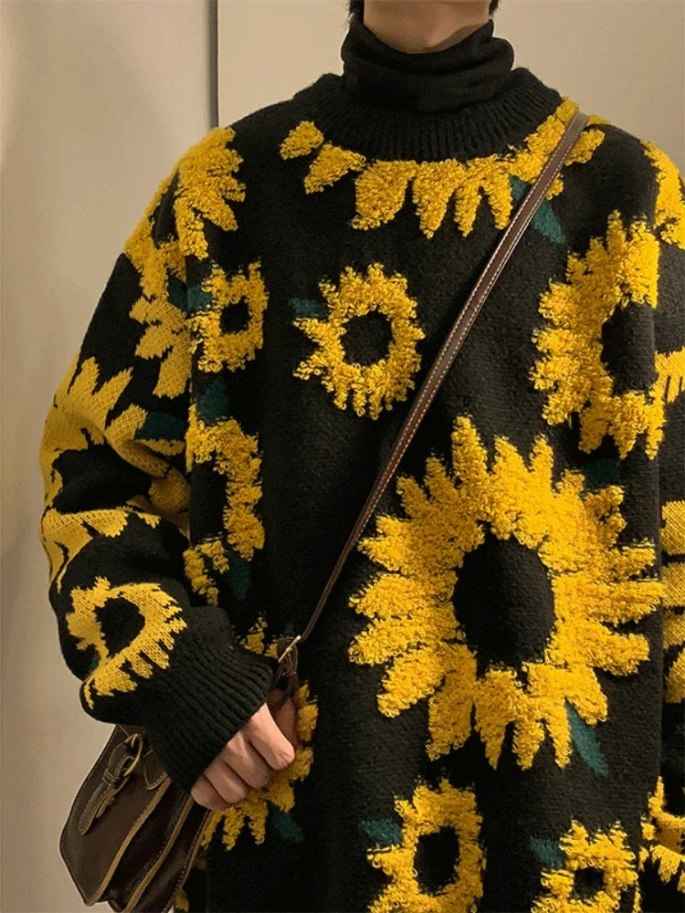 Flocking Floral Sweaters Men Baggy Spring Autumn Japanese Style Retro High Street Harajuku Knitwear Slouchy Ins