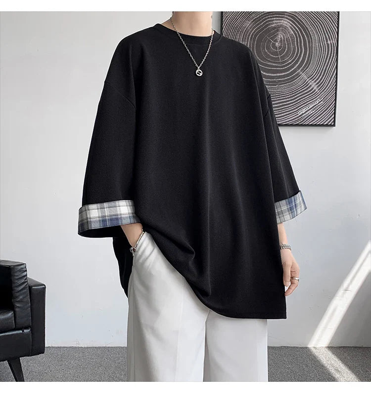 saferido Spring Summer Men's T-shirts Women Oversized 2XL Korean Style Loose Plaid T-shirt Casual Seven sleeves T-Shirt Male White