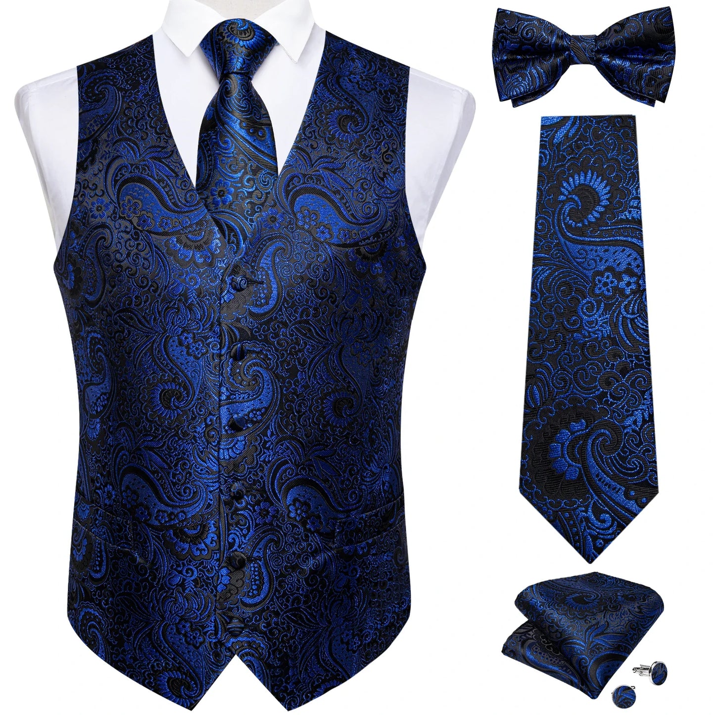 Men Black Paisley Vest Necktie Bowtie Pocket Square Cufflinks Dress Set Classic 5 PCS Business Waistcoat for Man