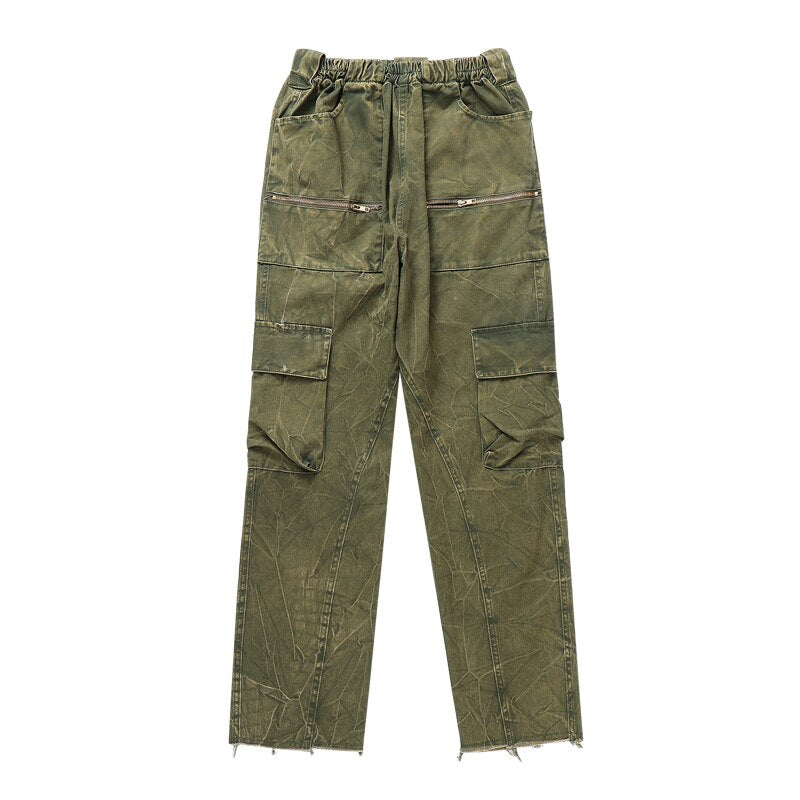 Spring Autumn Men's Deckle Edge Design Vintage Cargo Pants Elastic Waist Tide Straight High Street Casual Overalls 12A7537