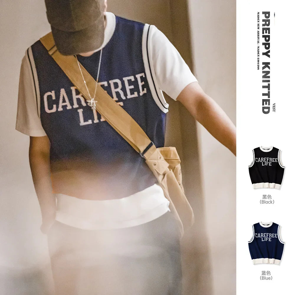 saferido Preppy Knitted Vest for Male Ivy Style Clothing Casual City Boy Letter Sweater Vest Sleeveless Tops Spring New