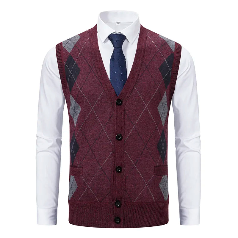 Spring Autumn Male Vest Sleeveless Sweater Fleece Warm Knitted Jackets Checkered Business Casual Button Up Coat Men's Clothing