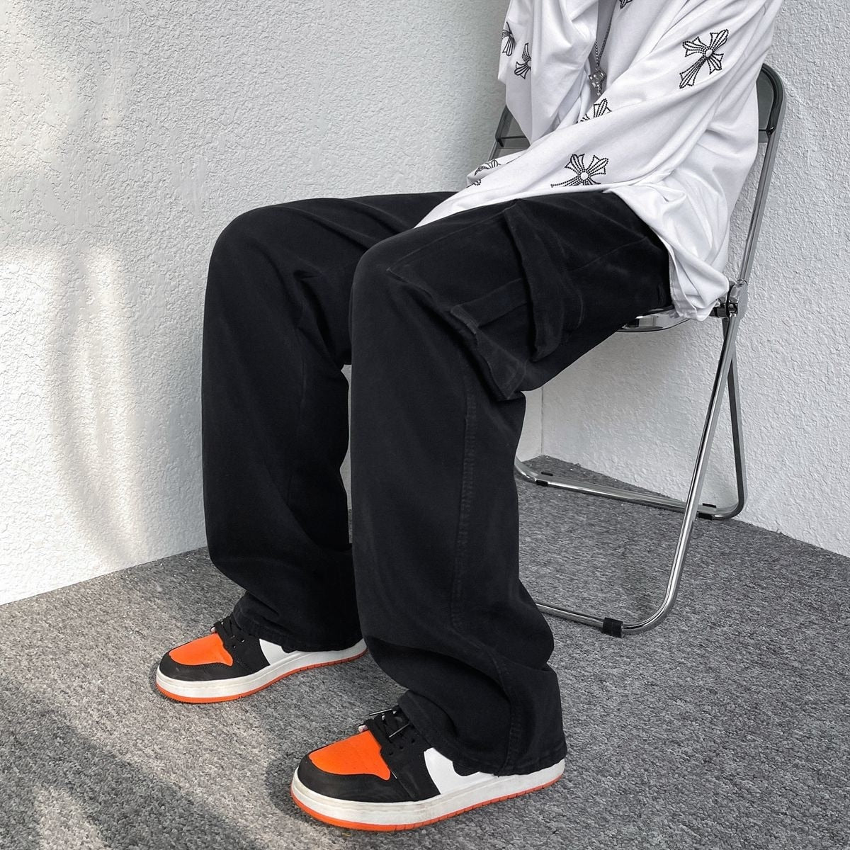 Baggy Pocket Jeans Men Fashion Casual Black/Beige Straight Jeans Men Streetwear Loose Hip Hop Denim Cargo Pants Mens Trousers