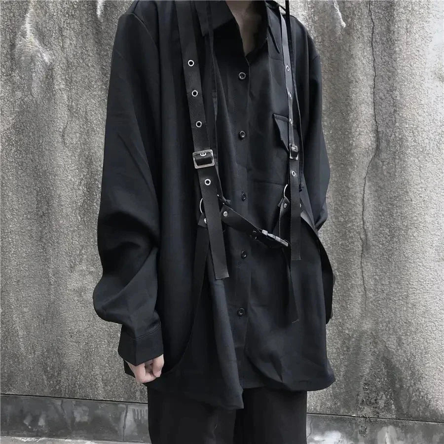 saferido Techwear Pant Sets Men Punk 3 Piece Outfits Black Cargo Pants Long Sleeve Shirts Korean Streetwear Hip Hop Spring