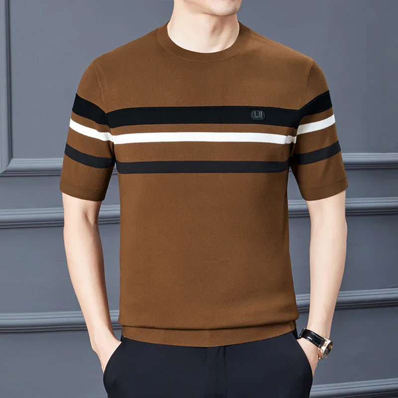 saferido Round Neck Men's Knitwear Spring 2024 Silk Velvet Half Sleeve Thick T-shirt Business Gentleman