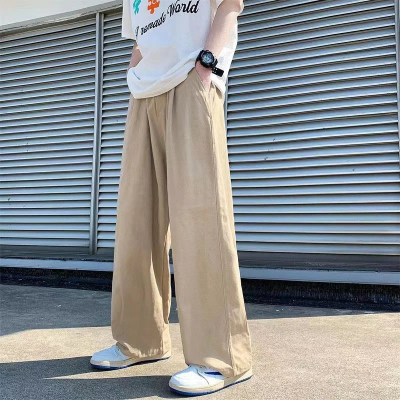 saferido Spring Cotton Wide Leg Pants Men Fashion Solid Color Casual Pants Men Streetwear Korean Loose Straight Pants Mens Trousers S-5XL