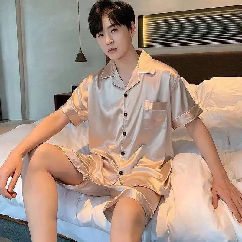 Men Pajama Sets Ice Silk Satin Short Sleeve Shirt+Shorts 2Pcs Suit Summer Thin Sleepwear Solid Color Male Casual Home Clothes
