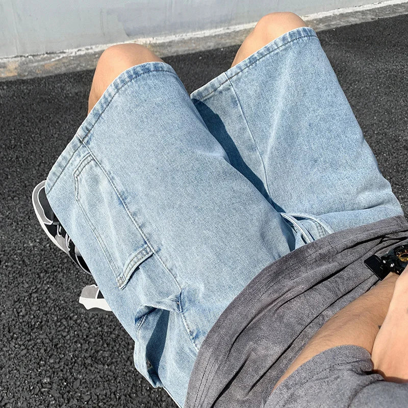 saferido Korean Style Summer Men's Blue Baggy Denim Shorts New Street Apparel Workwear Large Pocket Wide Leg Denim Shorts Blue
