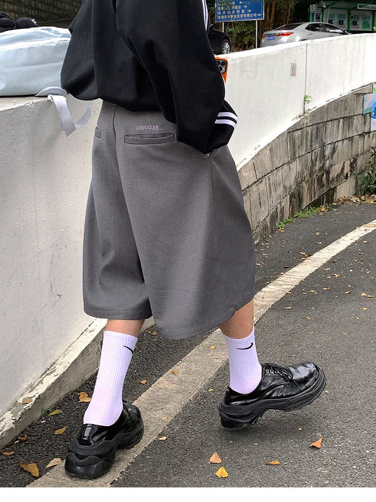 saferido Spring Summer Loose Casual Soft Grey Pleated Shorts for Men with High Waist Short Straight Pants Korean Clothes