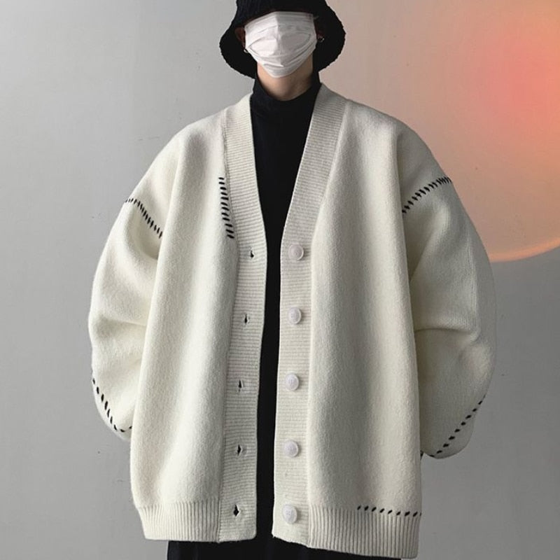 Winter Niche Design V-neck Sweater Cardigan Rajut Korea Coats Men Loose Casual Simple Solid Color Japanese Sweater Cardigan