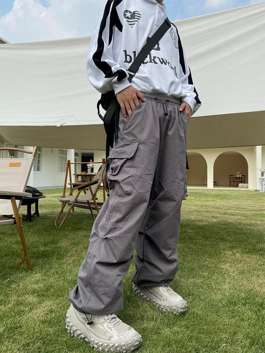 China-Chic straight tube multi pocket adjustable drawcord casual loose overalls men women ins style wide leg jogger pants