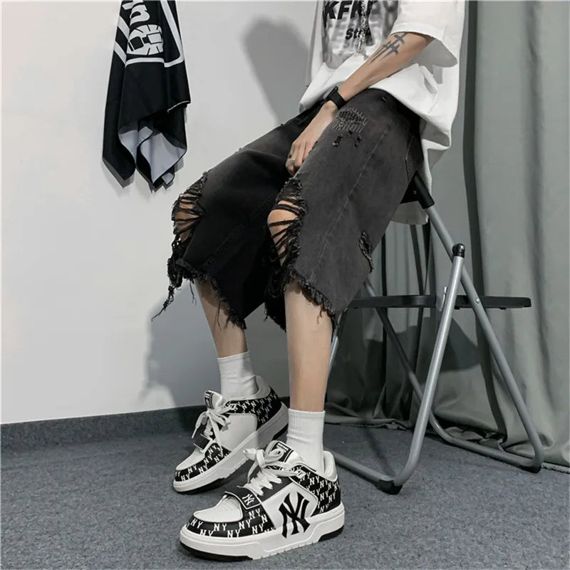 saferido New Style Ripped Denim Shorts Men's Clothing 2024 Summer Five-point Korean Casual Youth Straight Trousers Boutique Clothing