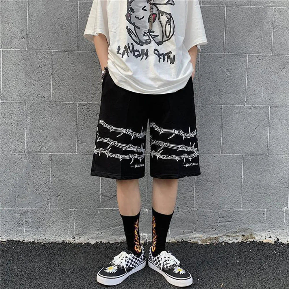 saferido Mens Casual Shorts Summer Hip-Hop Street Harajuku Style Personalized Print Simple Sports Shorts Boys Loose Straight Pants