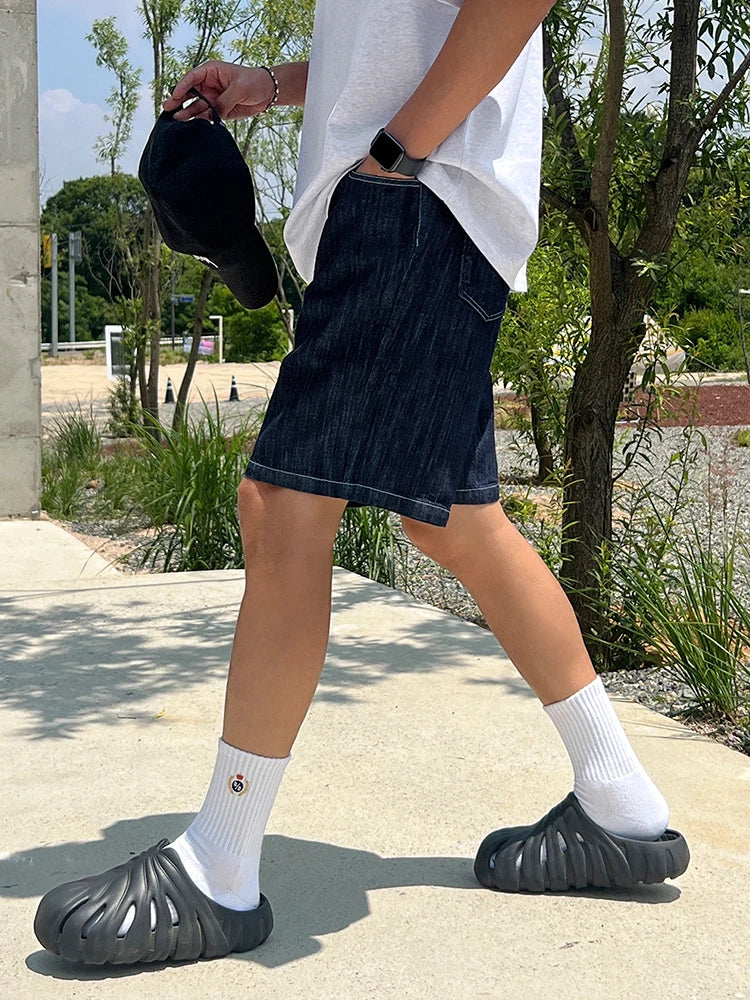 saferido 2024 Summer New Men's Denim Shorts Korean Style Elastic Waist Design Straight Trend Fashion Loose Casual Pants