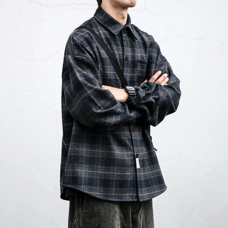 Shirts for Men Chic Long Sleeve Casual Spring Autumn Daily Streetwear All-match Japanese Style Plaid Retro Fashion Outerwear