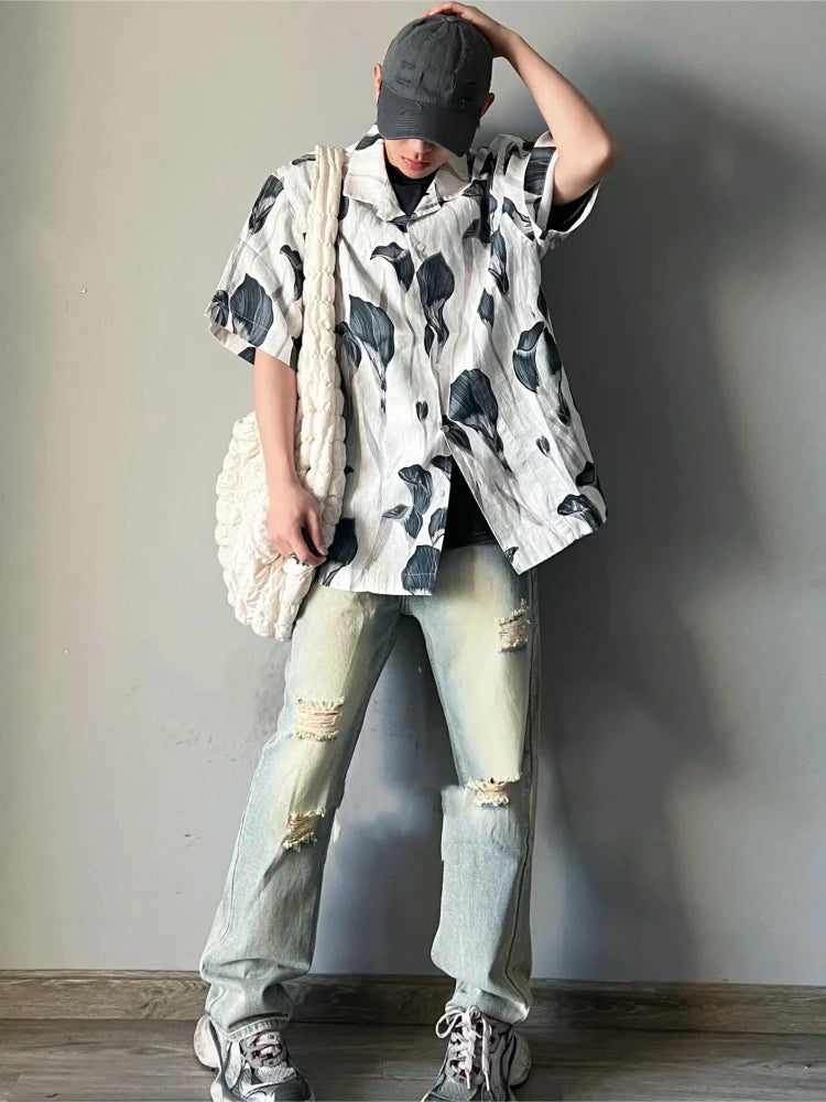 saferido Men's Shirts Y2k Print Vintage Handsome Korean Beach Style Hawaiian Single Breasted Vocation Baggy All-match Summer Short Sleeve