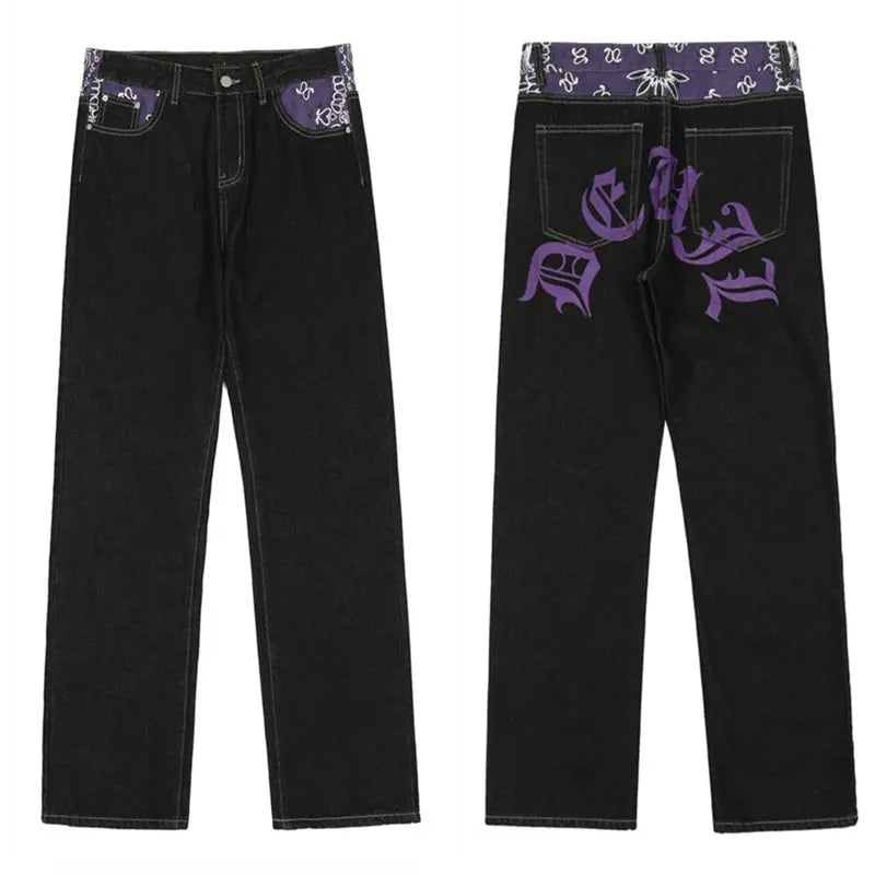 saferido Men's Y2k Jeans Cashew Flowers Purple Streetwear Casual Pants Punk Hip Hop Letter Print Baggy Harajuku Straight Denim Trousers