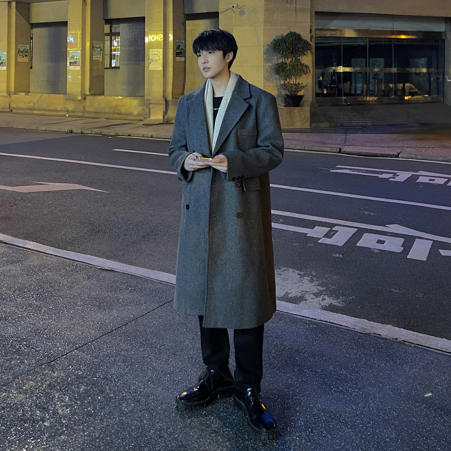 saferido Winter Long Trenchcoat Men Korean-style Solid Double Breasted Woolen Coat Loose Casual Trench Outwear Solid Color Overcoats