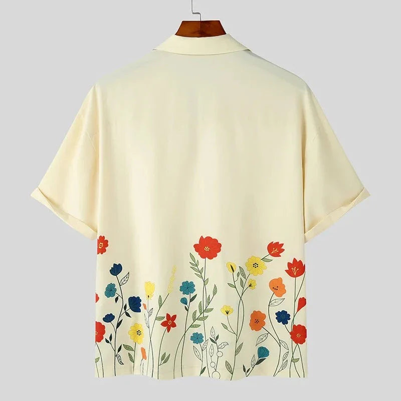 Men Shirt Flower Printing Lapel Short Sleeve Loose Men Clothing Streetwear Korean Style Summer Casual Shirts S-5XL INCERUN