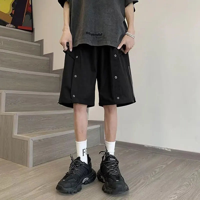 saferido Summer Elegant Fashion Harajuku Slim Fit Ropa Hombre Loose All Match Casual Shorts Solid Zipper Pockets Straight Cylinder Shorts