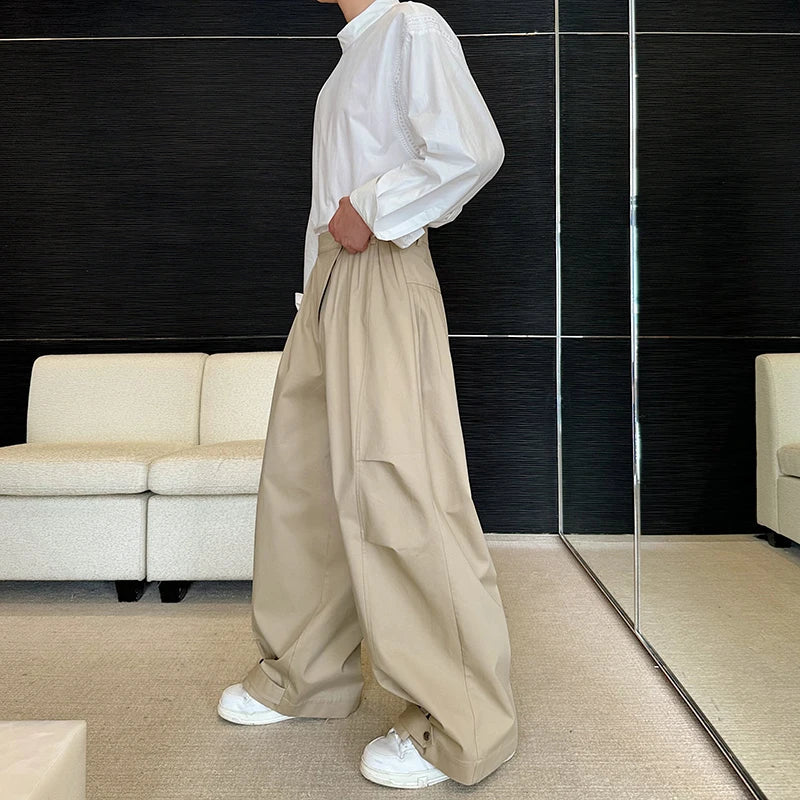 saferido Original Pleated Splicing Design Plain Straight Pants 2024 Spring New Men's Fashion Loose Street Wide Leg Trousers