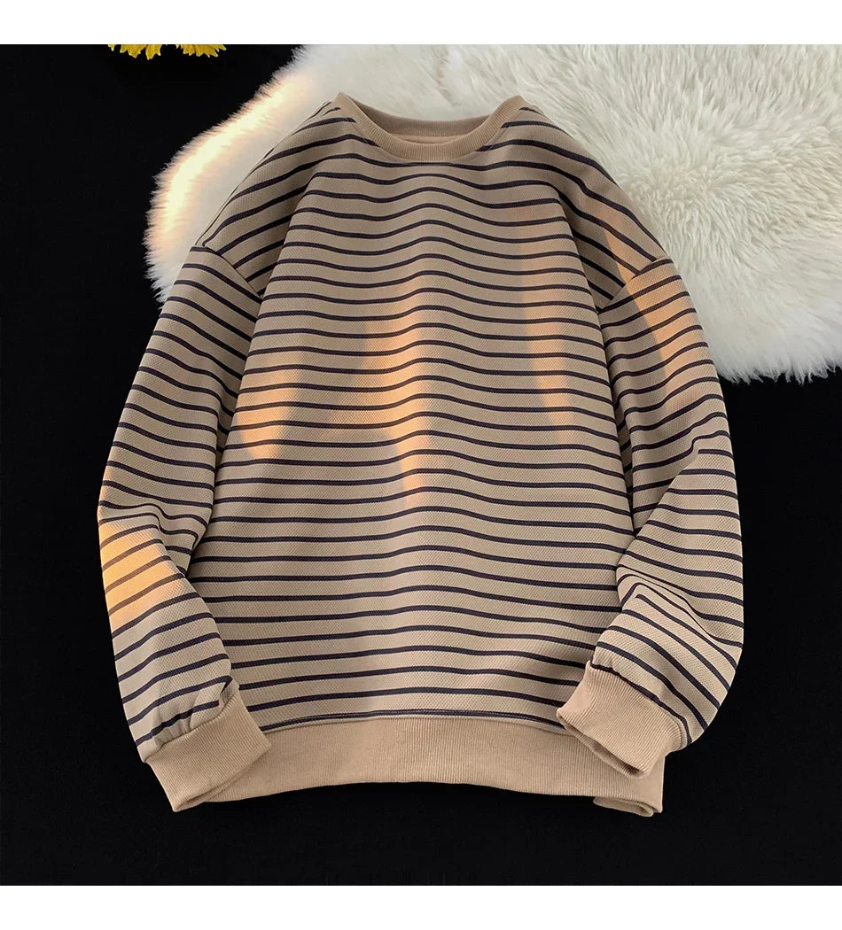 saferido Men's Tri-color Striped Sweatshirt American Classic Style Retro Casual Round Neck Top Unisex College Style Trendy Menswear