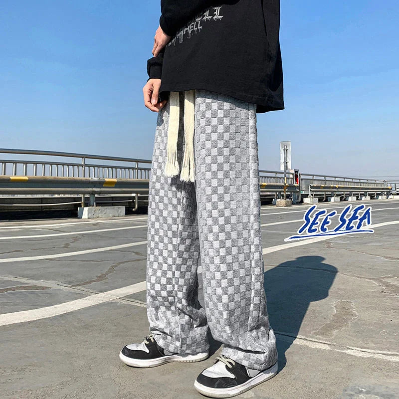 saferido Straight Wide Leg Knitted Sweatpants Men's Spring Autumn Solid Color Plaid Casual Pants Sports Trend Classic All-match Trousers