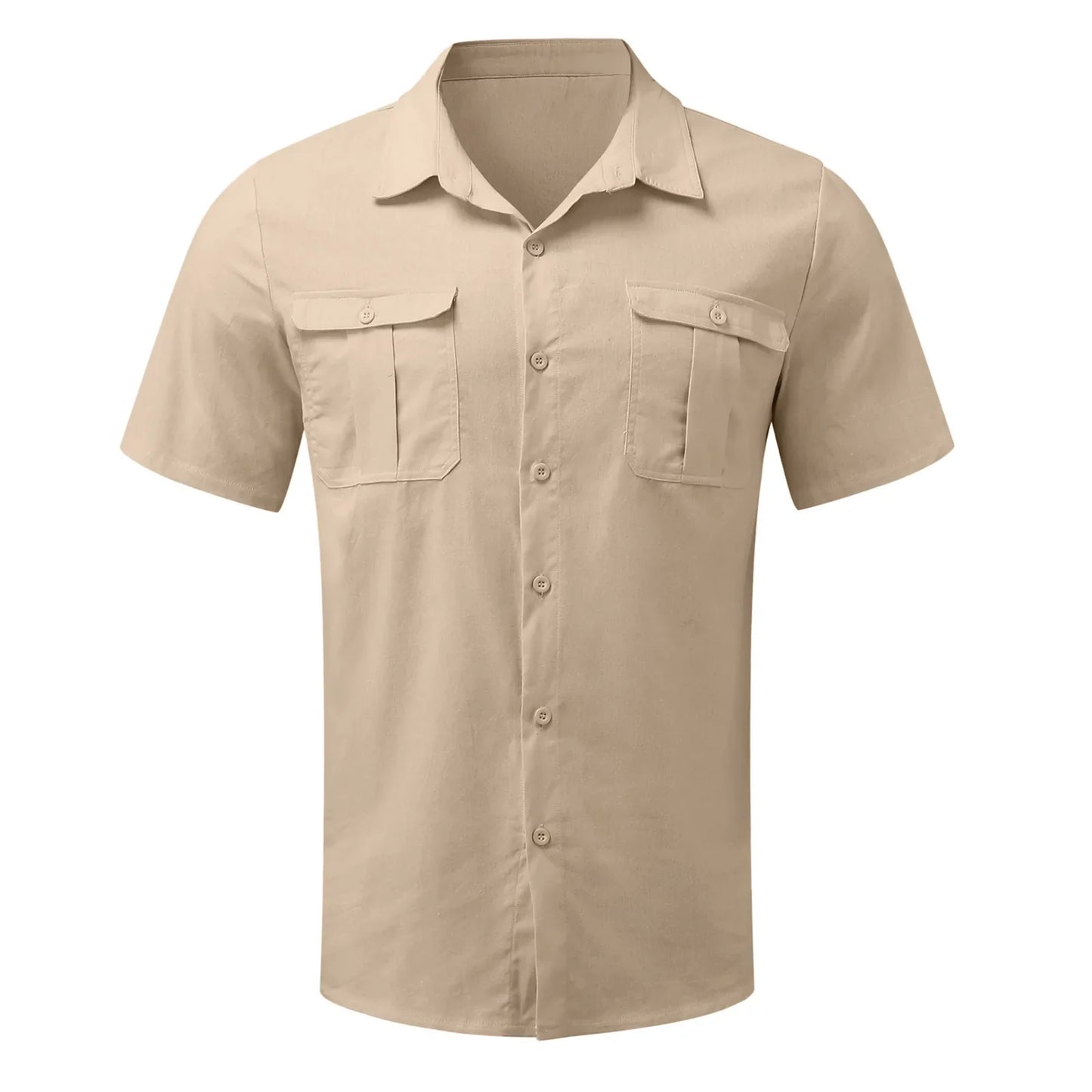 Men Short-Sleeved Shirts Summer Solid Color Stand-Up Collar Casual Beach Style Plus SizeMale Cotton Linen Shirts M-5XL