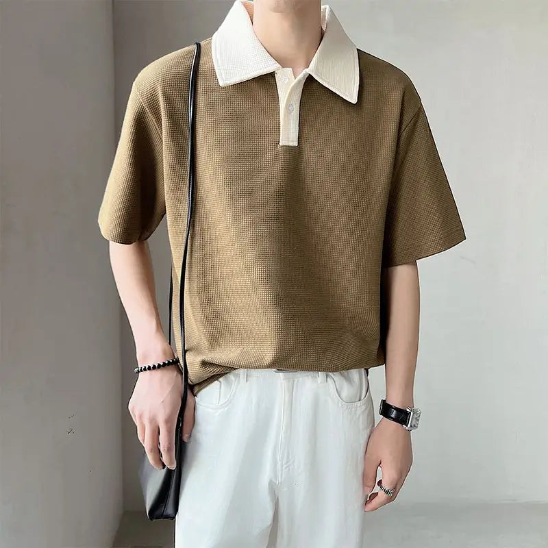 New High-end Korean Fashion Polo Shirts for Men Patchwork Waffle Lapel Buttons Short Sleeve T-shirt Men Summer Loose Polo Shirt