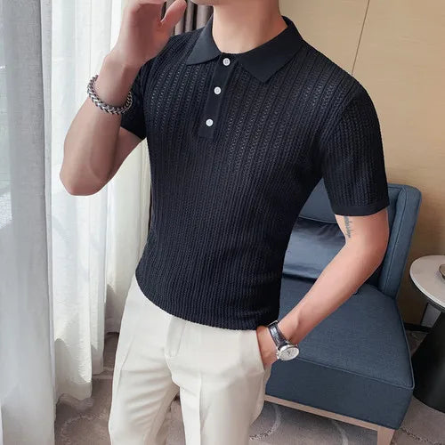 saferido British Style POLO Shirts Men Knitting Short Sleeve Shirts Solid Color Lapel Business Casual Top Summer Social Clothing 3XL