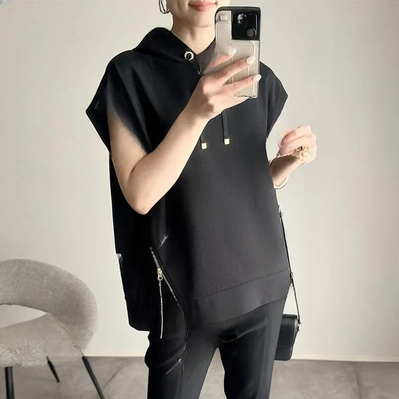 saferido In-stock Japanese Style Summer New Hooded Zippered Short Sleeve Top Hooded Two-sided Zippered Short Sleeve T-shirt