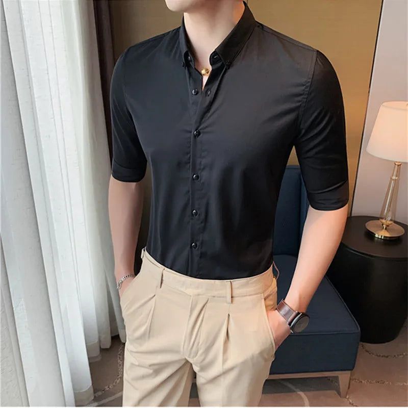 saferido British Style Men Social Shirts Short Sleeve Tuxedo Classic Contrast Collar Striped Solid Shirt for Men Business S-5XL