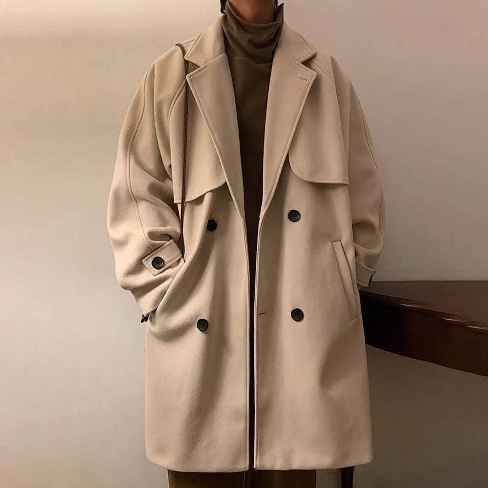 saferido Mens Gray German Woolen Coat Autumn Winter Mid-Length Thickened High-End Retro Elegant Handsome Comfortable Coat Oversize