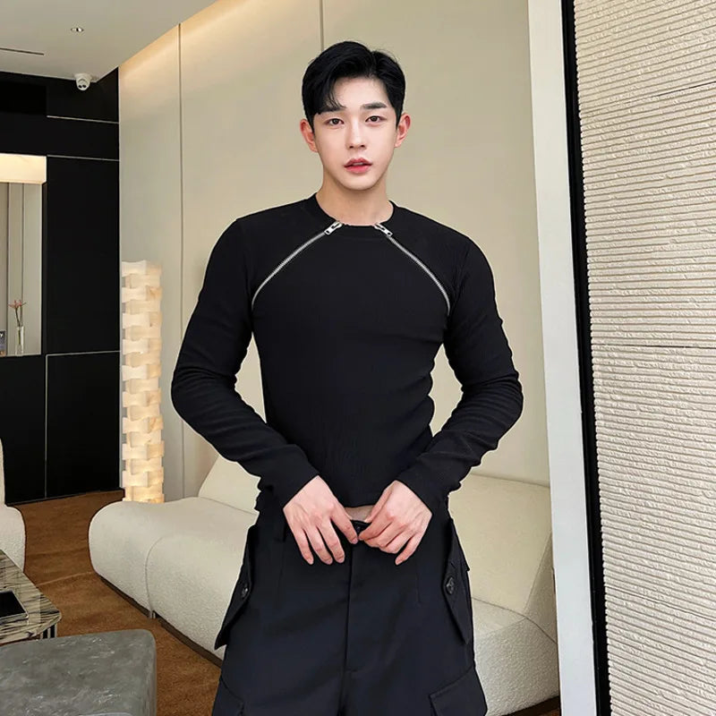 saferido Men's Slim Long Sleeve T-shirts 2024 Autumn New Niche Design Dark Zipper Split Versatile Tops Korean Style Clothing