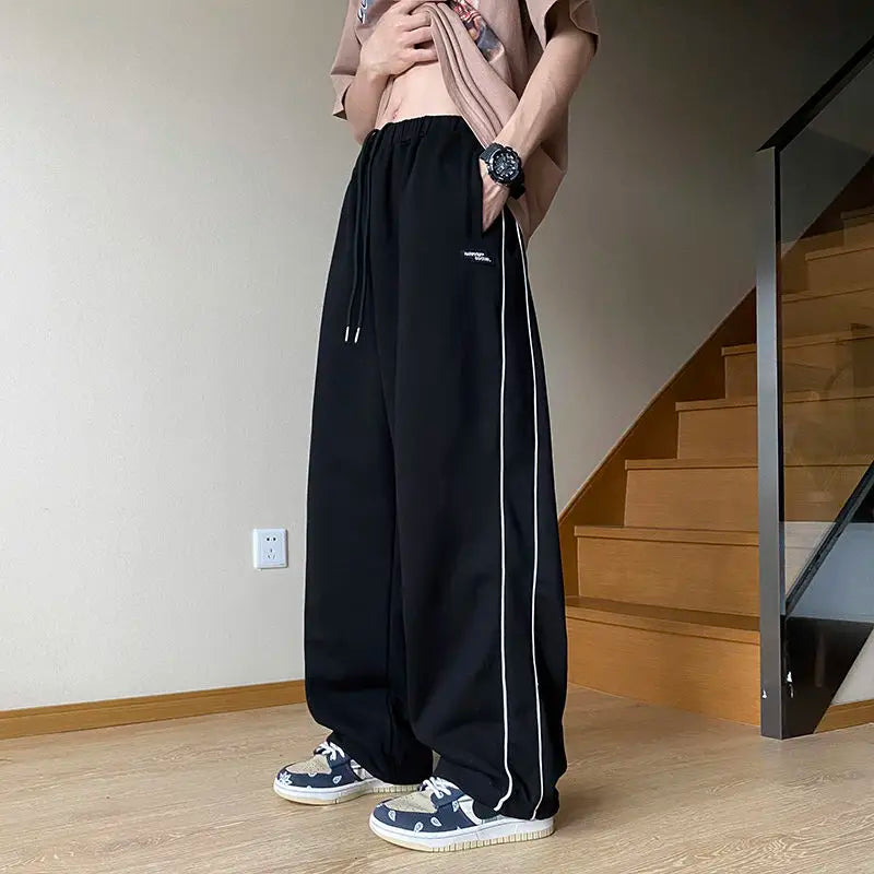 saferido American Hip-hop Loose Sports Pants Men's Autumn Solid Patchwork Elastic Waist Drawstring Pocket Side Striped Straight Trouser