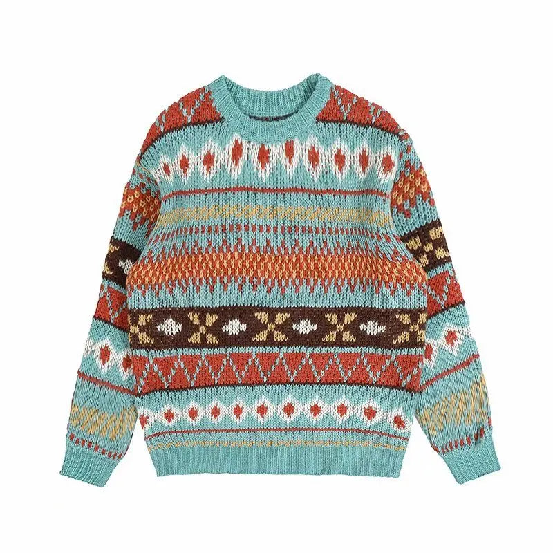 saferido Men's Knitted Vintage Graphic Sweater with Pattern Brown Blue Pullovers Sweaters and Jumpers Korean Streetwear Harajuku