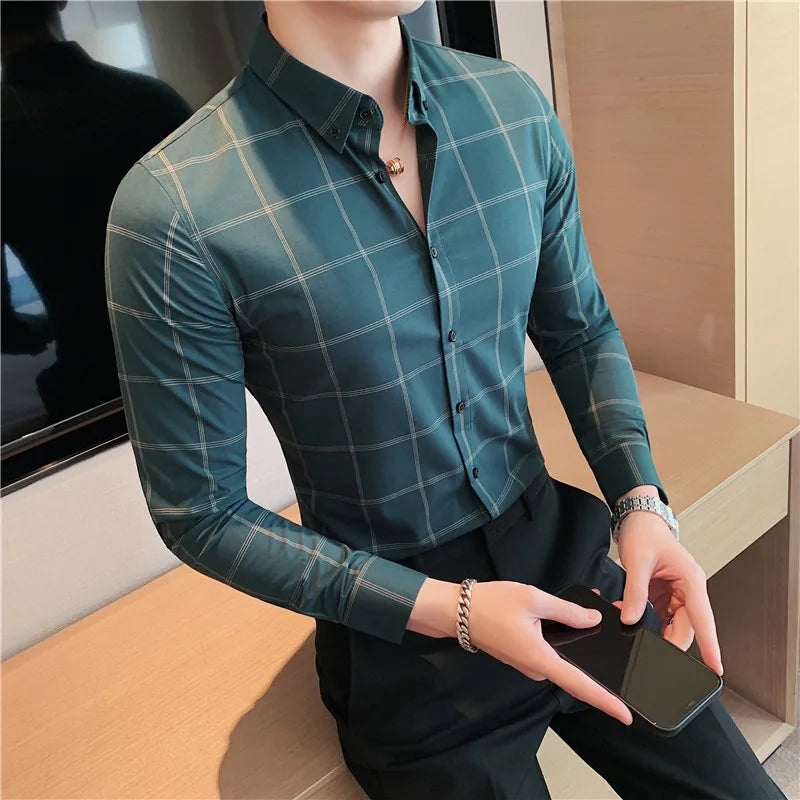 saferido Spring Business Casual Plaid Shirt Men's Formal Workwear Wedding Dress Slim Social Party Clothes Checked Shirt S-4XL